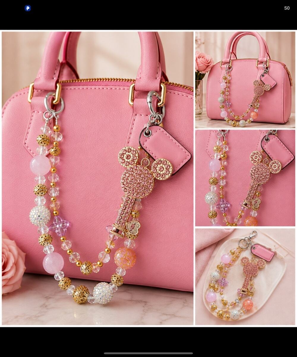 “Handmade Beaded Bag Charm with Authentic Repurposed Coach Hangtag
